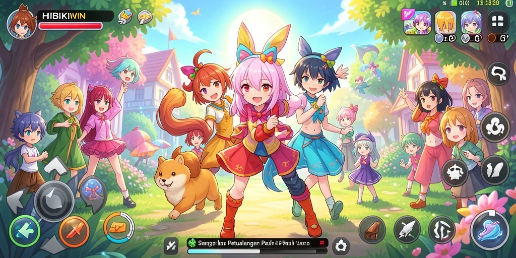 Screenshot gameplay HIBIKIWIN yang menunjukkan aksi seru dan karakter anime.