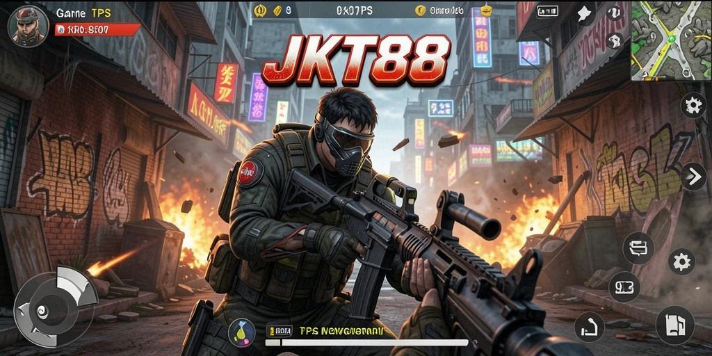 Screenshot utama JKT88 menampilkan aksi gameplay TPS yang seru.