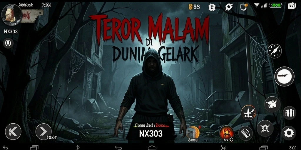 Screenshot gameplay NX303 menampilkan suasana horor yang mencekam.