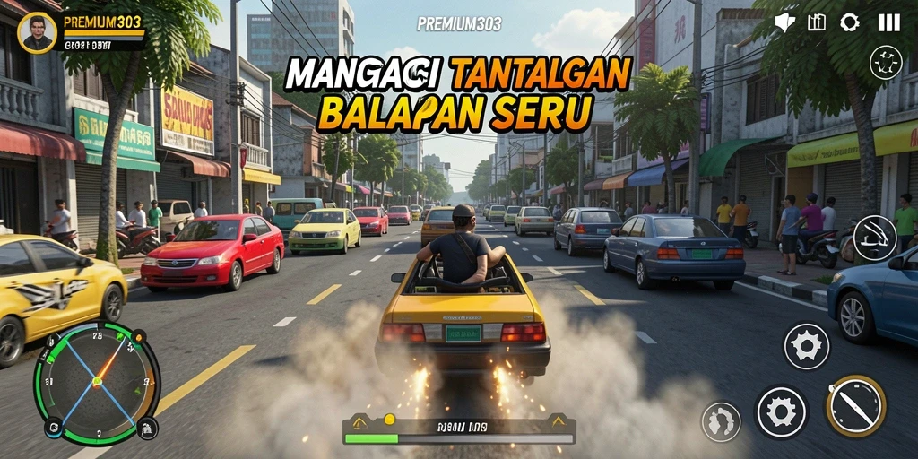 Tangkapan layar utama dari gameplay balapan yang mendebarkan di PREMIUM303.
