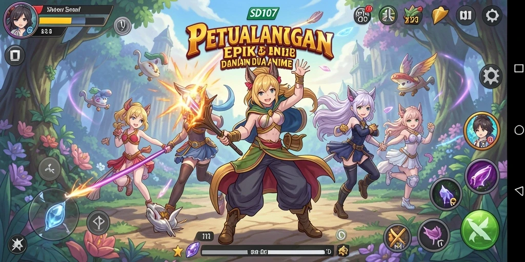 Tangkapan layar gameplay dari SD107 menampilkan karakter anime yang penuh aksi dan warna.